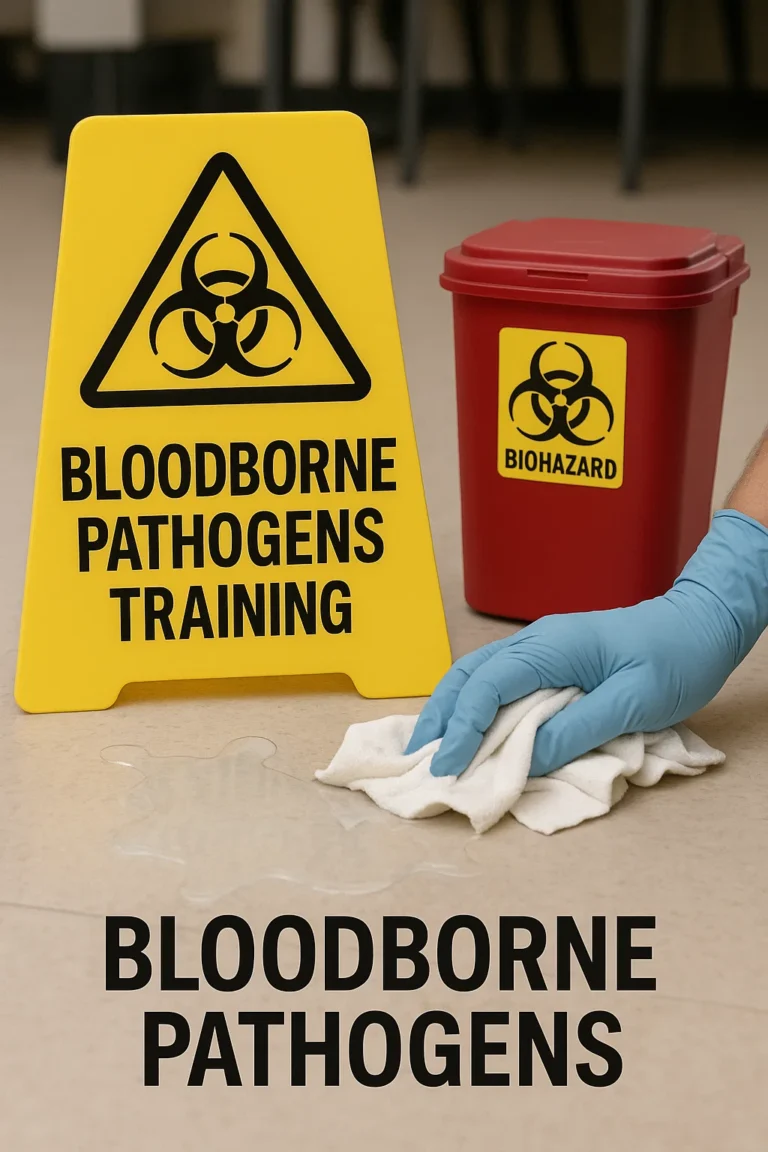 Bloodborne pathogens training graphic with a caution sign, biohazard container and gloved cleanup of a floor spill