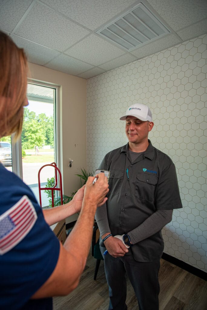 A BioSafe specialist meeting with a healthcare client at their practice